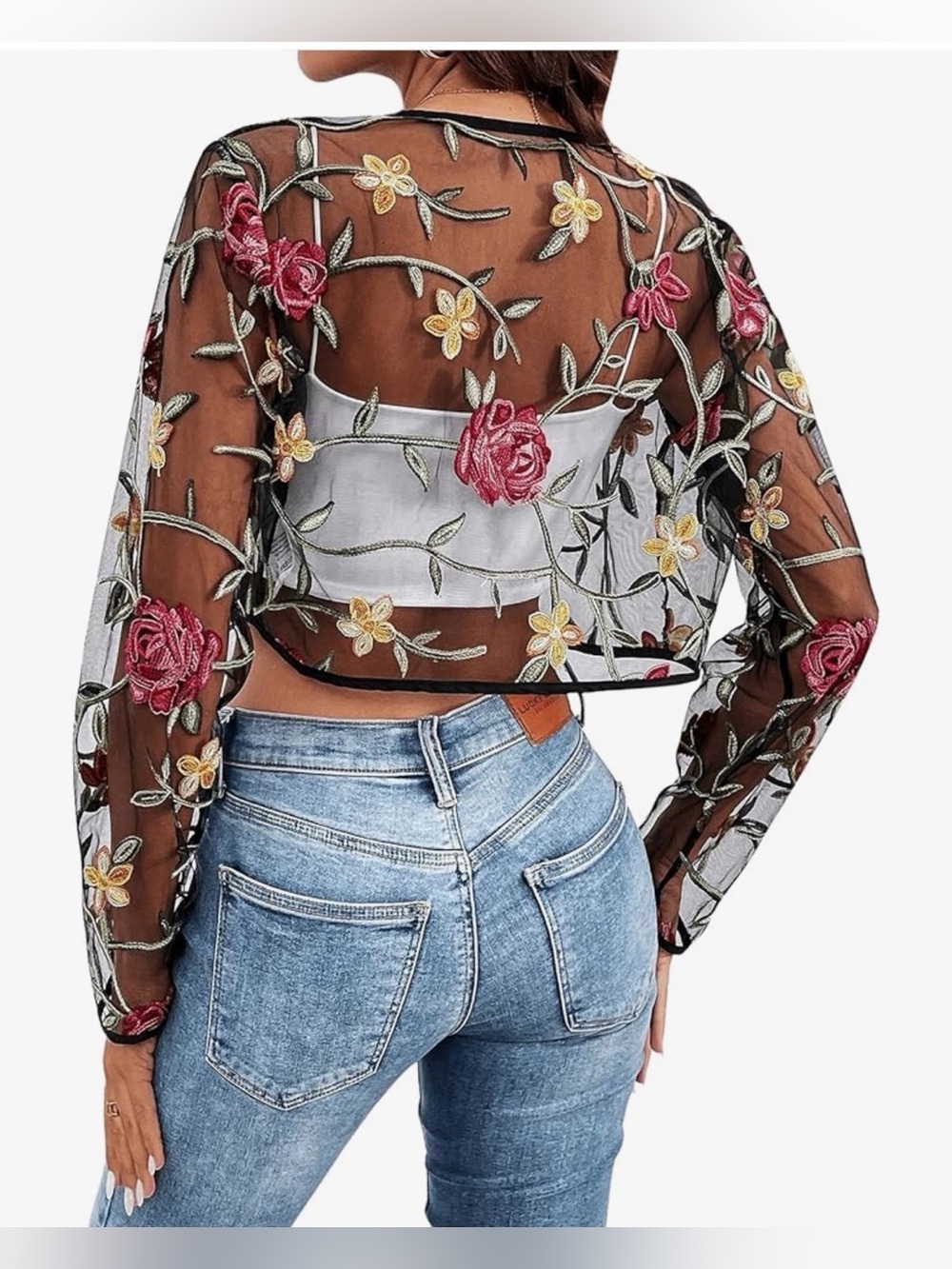 NWOT Embroidered Floral Sheer Bolero Jacket - Black with Pink & Yellow Flowers - Picture 2 of 5